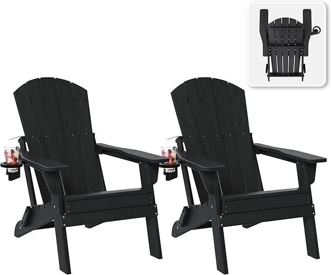 Folding Adirondack Chair Set of 2 with Cup Holder, HDPE All Weather Resistant Plastic Outdoor Patio Chairs, Heavy Duty Fire Pit Seating for Backyard Lawn Garden, Wooden Textured Design(Black)(Black) by GreenHaven Gardens