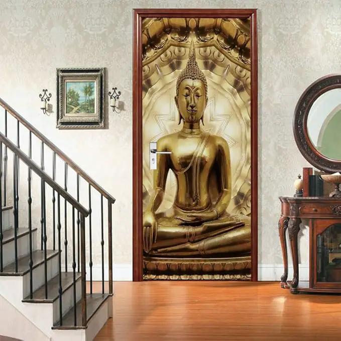 3D Buddha Statue Door Stickers - Peel and Stick Murals, Self-Adhesive Wallpaper Decals, Removable PVC Waterproof Poster for Bedroom Living Room 30.3" x 78.7" by GreenHaven Gardens