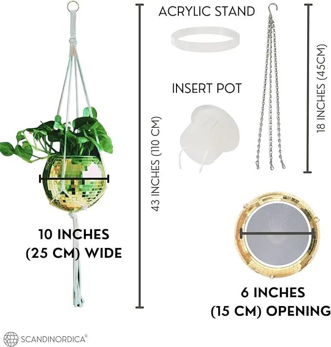SCANDINORDICA Disco Ball Planter – Value Package: Mirror Disco Planter with Chain, Macrame Hanger and Acrylic Stand for Desk, Includes Self Watering Pot, Plant Accessories | 10 inch Gold by GreenHaven Gardens