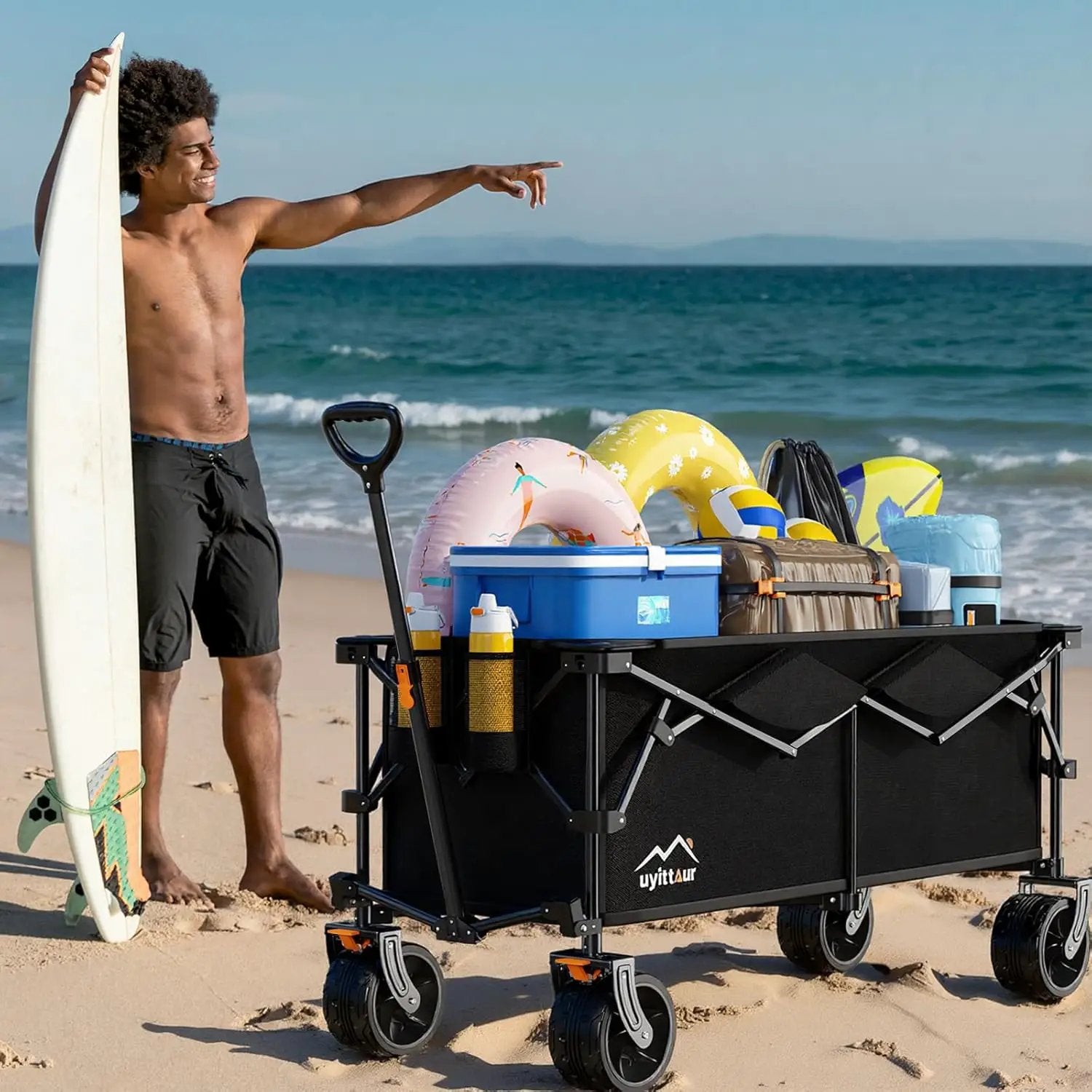 300L Extra Large Collapsible Foldable Wagon, 440lbs Load Capacity 48''L Extended Heavy Duty Folding Beach Wagon with Big All-Terrain Wheels, Utility Garden Cart for Outdoor Activities, Black by GreenHaven Gardens