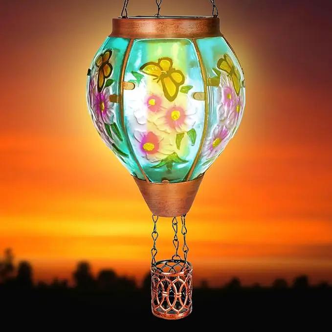 Solar Hot Air Balloon Lantern with Flame， Butterfly Glass Outdoor Solar Lanterns for Outside Hanging Farmhouse Patio Pathway Decor, Butterfly Gifts for Women Grandma Mom by GreenHaven Gardens