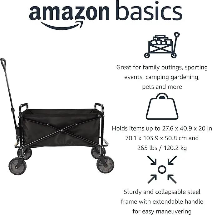 Amazon Basics Collapsible Folding Heavy Duty Utility Wagon for Outdoor Sports, 265 pounds Weight Capacity, Camping, Garden, and Shopping, 27.6 x 40.9 x 20 inches, Black by GreenHaven Gardens