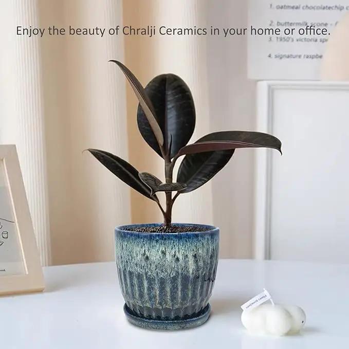 Ceramic Pots for Plants, 6in Ceramic Planters for Indoor Plants, Flower Pots with Drainage and Saucer, Reactive Glaze Blue by GreenHaven Gardens