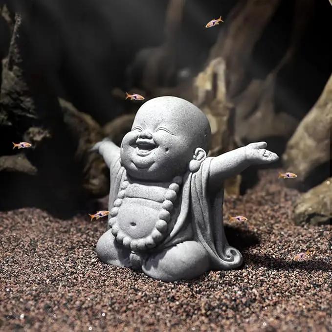 OwMell Japanese Jizo Monk Statue Praying, Buddha Jizo Statue Figurine Memorial Statue Aquarium Decoration for Garden Outdoor Ornament 2.6" - Laughing Buddha by GreenHaven Gardens