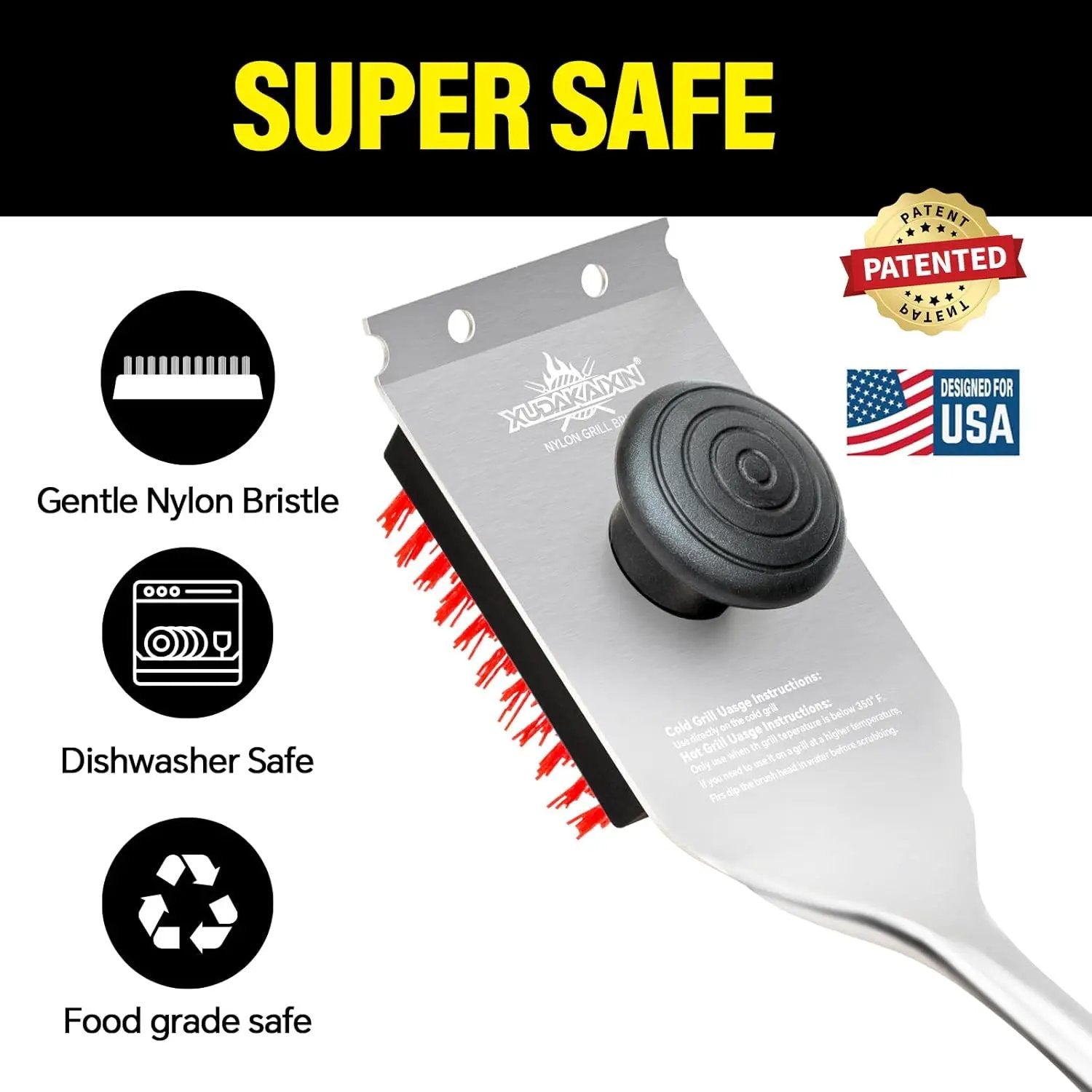 Grill Brush and Scraper, Dual Grip Design,Extra Strong BBQ Cleaner Accessories,Safe Nylon Bristles Barbecue Triple Scrubbers Cleaning Brush for Cast Iron Grates/Porcelain/Charcoal Grill by GreenHaven Gardens