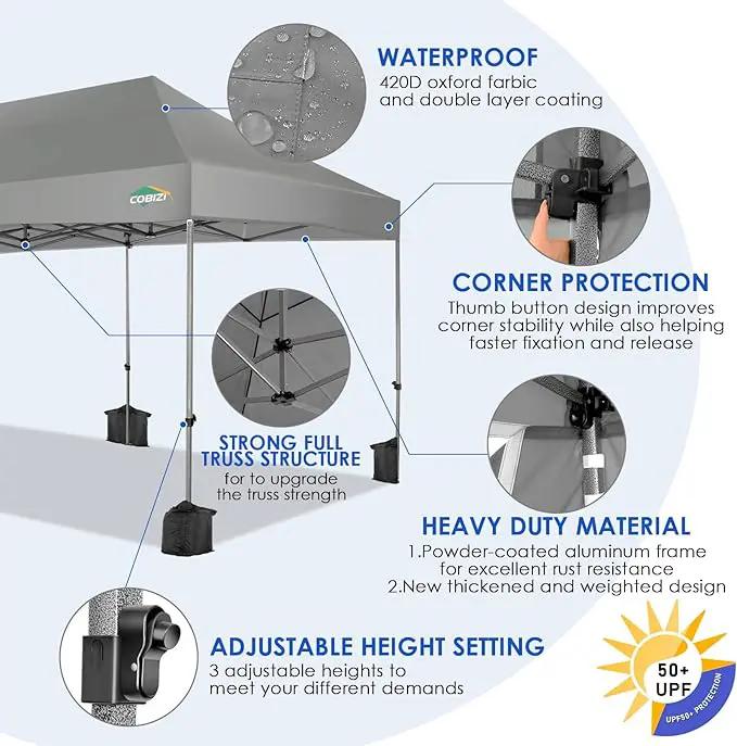 COBIZI 10x20 Heavy Duty Pop up Canopy Tent Easy Up Commercial Outdoor Canopy Wedding Party Tents for Parties All Season Wind & Waterproof Gazebo with Roller Bag,Grey(Frame Thickened) by GreenHaven Gardens