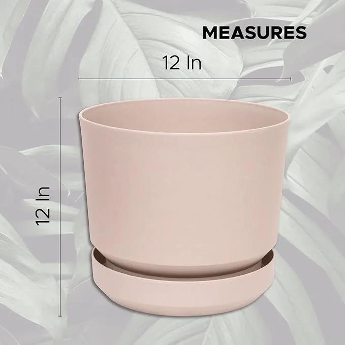 Elly Décor 12 inch Plastic Cylinder Planter Pot with Self-Watering Saucer and Drainage Hole,Lightweight & Extremely Durable, 12"x 12", Ivory by GreenHaven Gardens