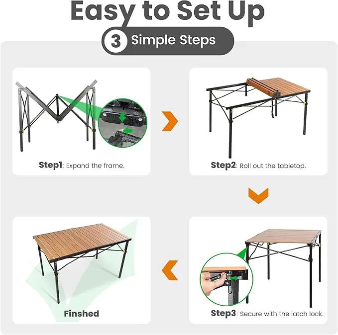 Large 46.4" Camping Table for 2-6 People - 220lbs Capacity Heavy Duty Foldable Outdoor Table with Aluminum Roll-Up Top & Carry Bag, Portable Picnic Desk for BBQ, Tailgating, Backyard (Natural) by GreenHaven Gardens