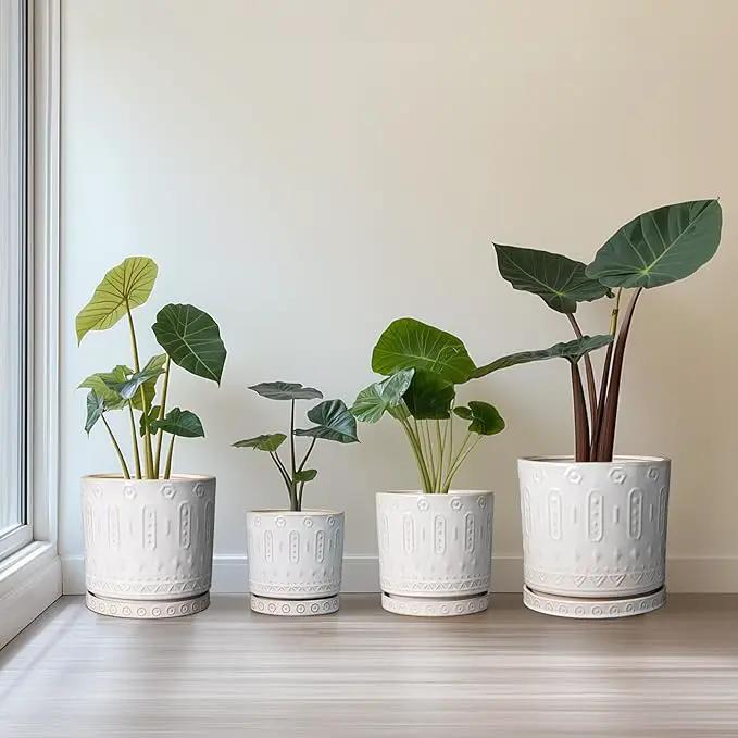 Ceramic Planter for Indoor Plants - 8 Inch Plant Pot Outdoor Flower Pot with Drainage Holes and Saucer Modern Round Planter Succulent Pot for Home Garden Decor White by GreenHaven Gardens