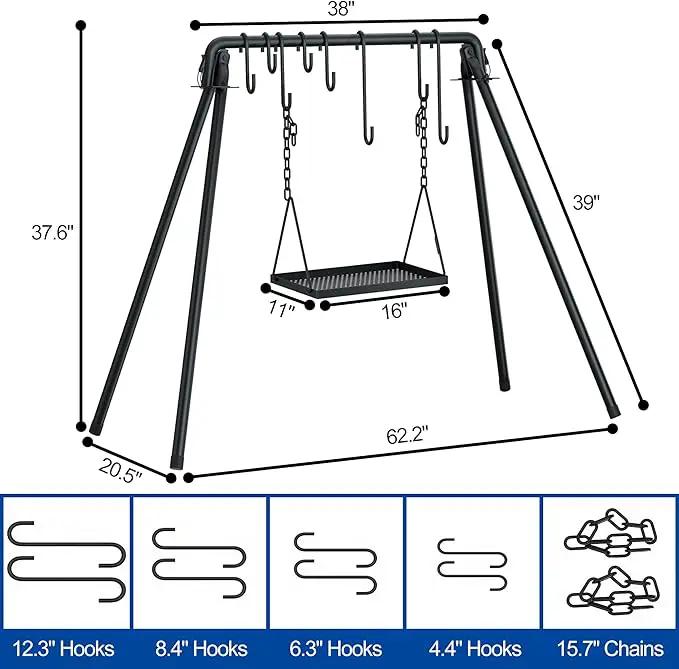 RELIANCER Grill Swing,Campfire Grill Cooking Stand w/8 Hooks & Storage Bag,Cast Iron BBQ Party Swing Grilling Cooking Rack,Outdoor Picnic Camping Cookware Hanging Rack,Collapsible Bonfire Barbecue Set by GreenHaven Gardens