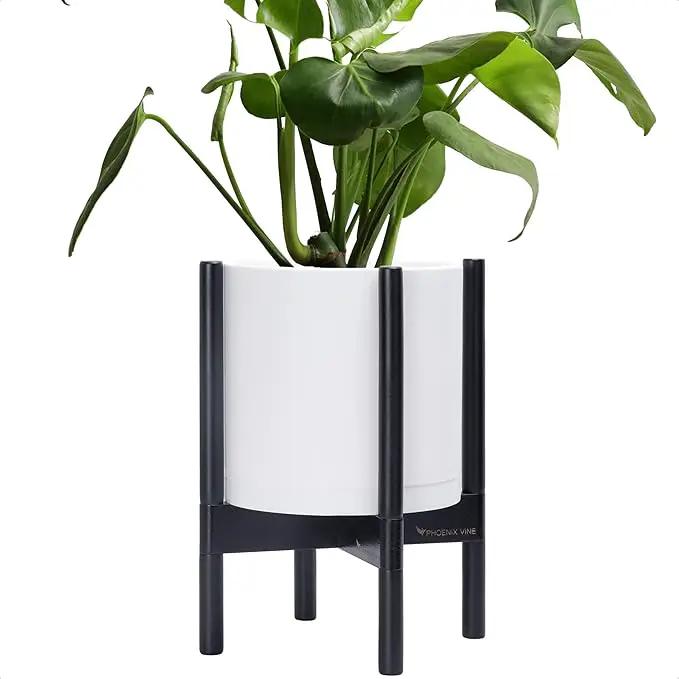 D'vine Dev Planter Pot with Stand - 10 Inch Plastic Cylinder Flower Pot with Wood Planter Holder for Indoor, Matte White Pot + Ebony Stand, 55-C-N-1 by GreenHaven Gardens
