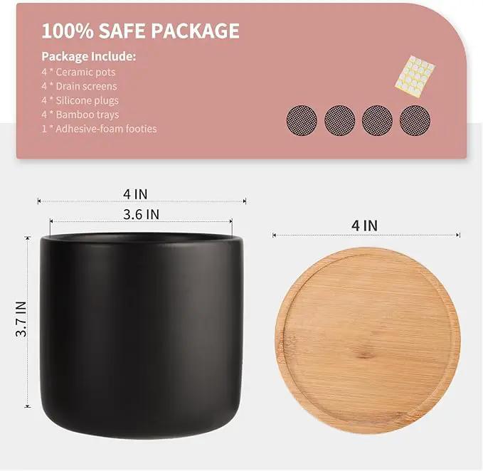 OMAYKEY 4 Inch Ceramic Plant Pot with Saucer, Black Planters Pots with Drainage Hole and Mesh Pads for Succulent, Snake, Cactus, Herbs - 4 Packs(Plant Not Included) by GreenHaven Gardens