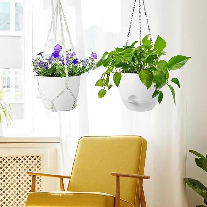 10 inch Self Watering Hanging Planters, 2 Pack Hanging Flower Pots for Indoor Outdoor Plants, Hanging Baskets with Drainage Holes & 2 Kinds of Plant Hangers for Garden Home Decor, White by GreenHaven Gardens
