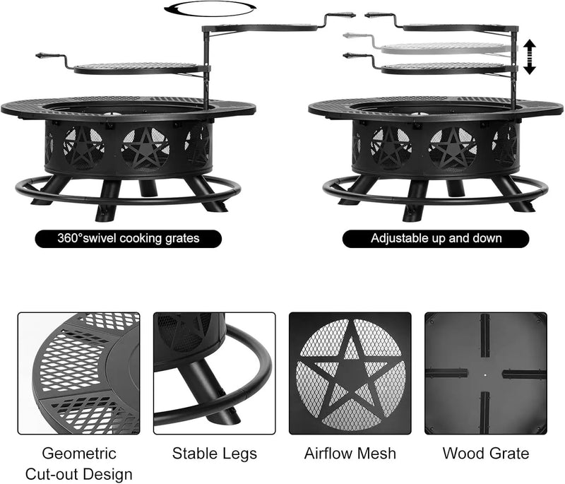 42 Inch Fire Pit with 2 Grills, Extra Large Wood Burning Fire Pits for Outside with Lid & Poker, Heavy Duty Firepit,BBQ& Outdoor Fire Pit & Round Metal Table 3 in 1 for Patio, Picnic, Party by GreenHaven Gardens