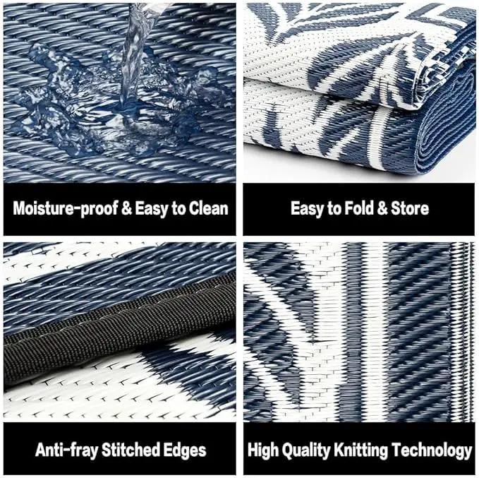 Outdoor Plastic Straw Rug, Waterproof Mat, Washable Large Floor Mat and Rug for Outdoors, RV, Beach, Patio, Camping, Backyard, Deck, Picnic, Outside (Olive-Leaf/Dark Blue&White,9x12ft) by GreenHaven Gardens