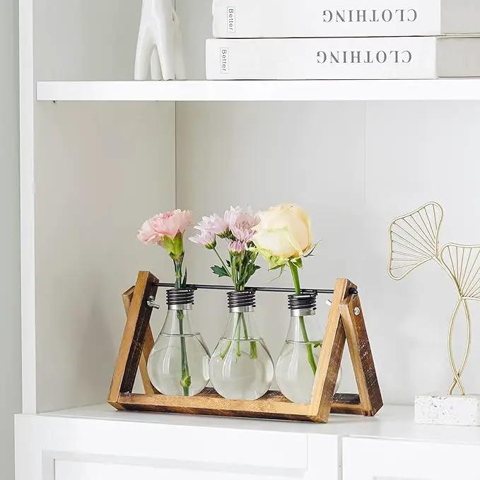 Marbrasse Plant Propagation Stations with Wooden Stand, Desktop Plant Terrarium Holder Bulb Vase, Glass Vase Container with Metal Swivel Holder for Hydroponics of Home Garden Office Decor Lover Gifts by GreenHaven Gardens