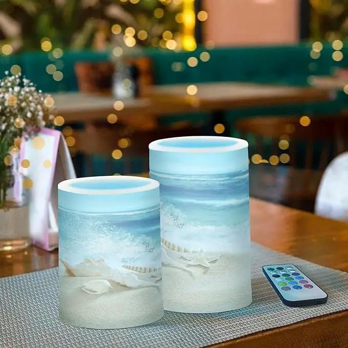 Flickering Flameless Candles, Shells Summer Sandy Beach LED Candles with Remote Timer, Set of 2 Battery Operated Candle for Valentine Wedding Birthday by GreenHaven Gardens
