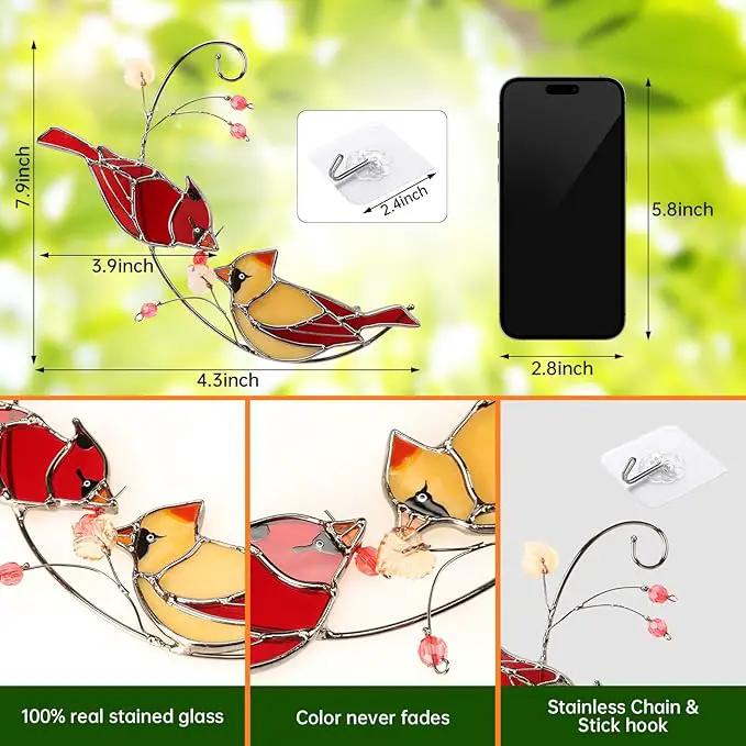 Cardinal Stained Glass Suncatchers for Windows Hanging Decorative,Couple Red Love Birds Sun Catchers for Christmas Ornaments,Real Stained Glass Cardinal Memorial Gifts for Women/Mom by GreenHaven Gardens