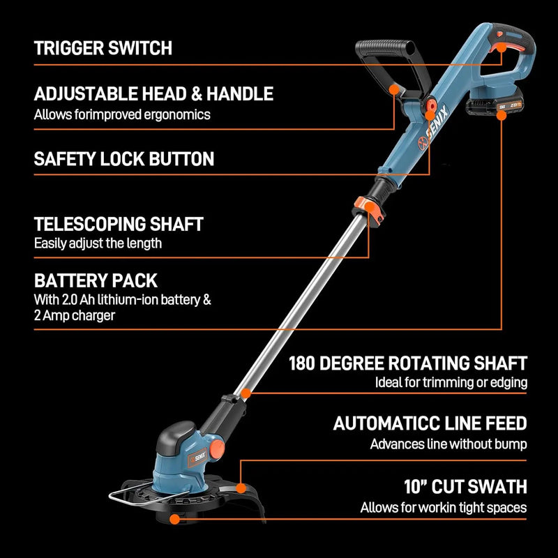 SENIX 20V 10" Cordless Weed Wacker, String Trimmer, Telescoping Rotating Shaft, Adjust Head & Assistant Grip, Auto Line Feed w/ 2.5Ah Battery & Charger, GTX2-M by GreenHaven Gardens