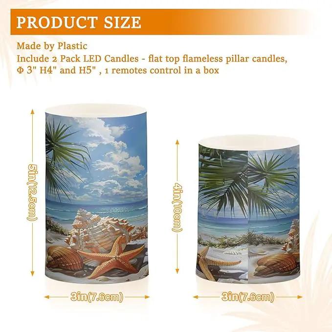 Flickering Flameless Candles, Starfish Seashell Beach Palm LED Candles with Remote Timer, Set of 2 Battery Operated Candle for Valentine Wedding Birthday by GreenHaven Gardens