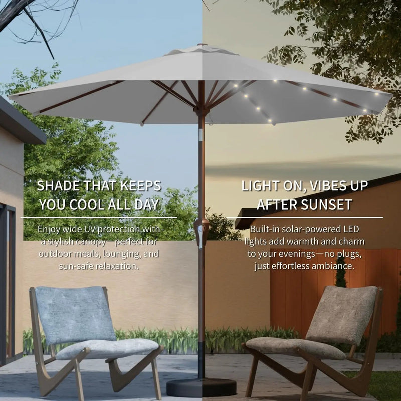 9FT Solar Umbrella 32 LED Lighted Patio Umbrella Table Market Umbrella w/Tilt and Crank, UV-Resistant Outdoor Umbrella for Pool, Garden, Deck, Light Gray by GreenHaven Gardens