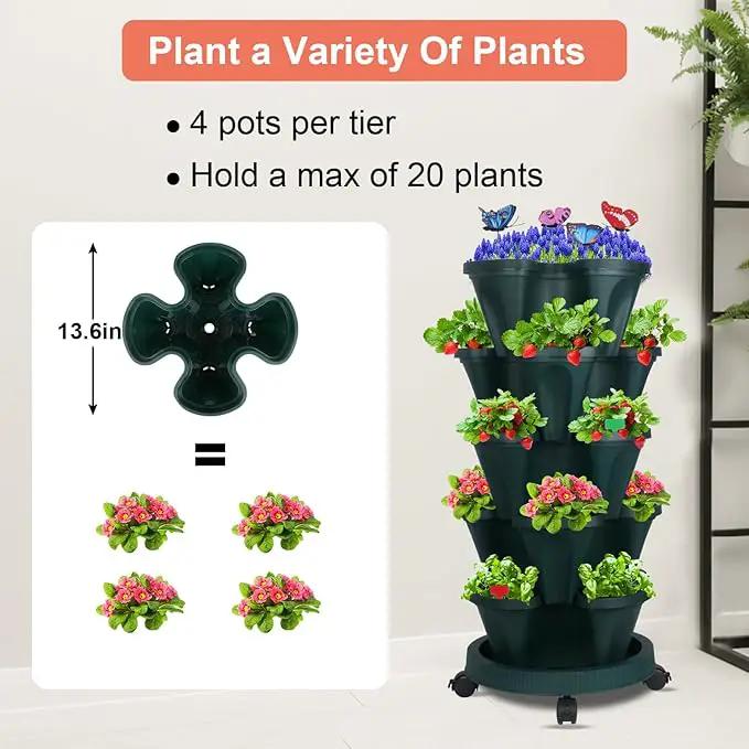 Vertical Planter, 5 Tier Stackable Strawberry Planter with Garden Tool Set, Movable Indoor/Outdoor Garden Herb Pot for Growing Vegetables and Succulents, Green by GreenHaven Gardens