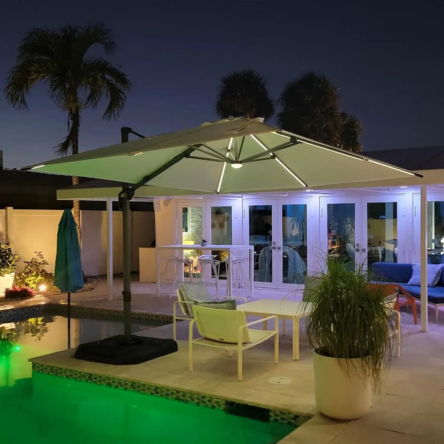 PURPLE LEAF 10 Feet Patio Umbrella Outdoor Cantilever Solar Powered LED Square Umbrella Aluminum Offset Umbrella with 360-degree Rotation for Garden Deck Pool Patio, Beige by GreenHaven Gardens