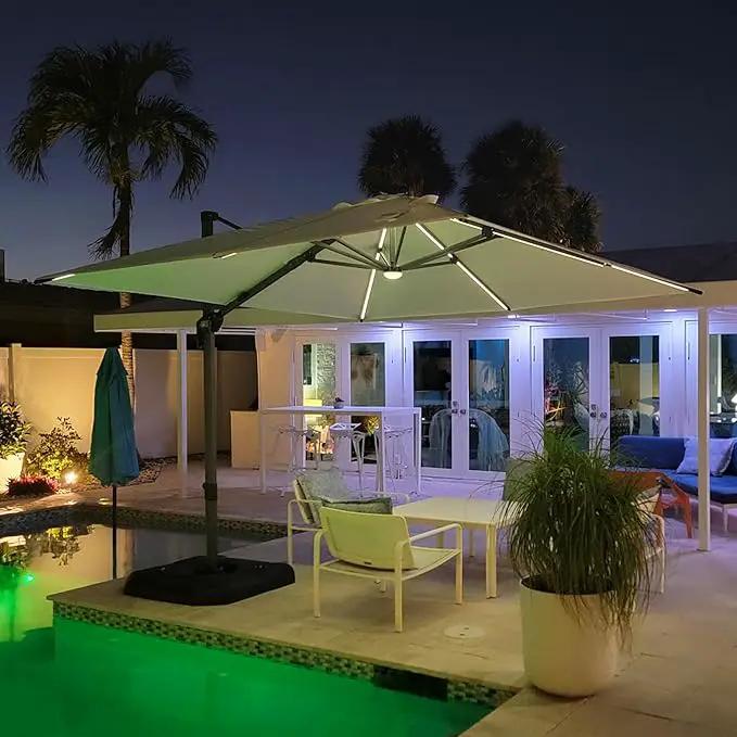 PURPLE LEAF 10 Feet Patio Umbrella with Base Outdoor Cantilever Solar Powered LED Square Umbrella Aluminum Offset Umbrella with 360-degree Rotation for Garden Deck Pool Patio, Beige by GreenHaven Gardens