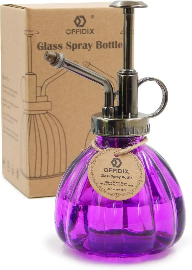 OFFIDIX Glass Watering Spray Bottle, 6.3" Tall Vintage Style Plant Mister with Bronze Plastic Top Pump One Hand Watering Can Glass Spary Bottle (Dark Purple) by GreenHaven Gardens