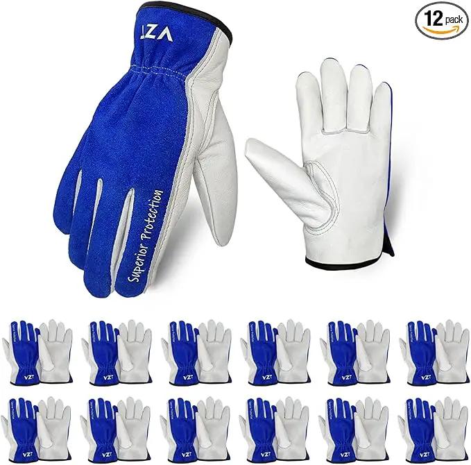 12 Pairs Bulk Leather Work Gloves for Men or Women for Construction, Wood cutting, Driving, Gardening, Automotive Repair, Water Resistant, Soft, Cowhide, Class 4 Abrasion Resistant, Blue-White, XL by GreenHaven Gardens