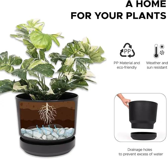 Elly Décor 12 inch Plastic Cylinder Planter Pot with Self-Watering Saucer and Drainage Hole,Lightweight & Extremely Durable, 12"x 12", Black by GreenHaven Gardens