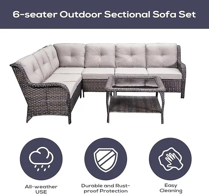 Outdoor Furniture Sectional Sofa L Shaped Couch - Patio Wicker Set with Coffee Table, 3 Piece Rattan Patio Conversation Sets with Beige Cushion for Deck Backyard Sunroom by GreenHaven Gardens