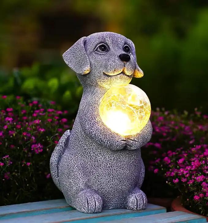 Solar Dog Garden Statues - 8.4 "Dog Decor with Gazing Ball Solar LED Lights, Unique Gifts for Mom Grandma Birthdays & Dog Lovers, Outdoor Decor for Outside Lawn Porch Patio (Gray) by GreenHaven Gardens