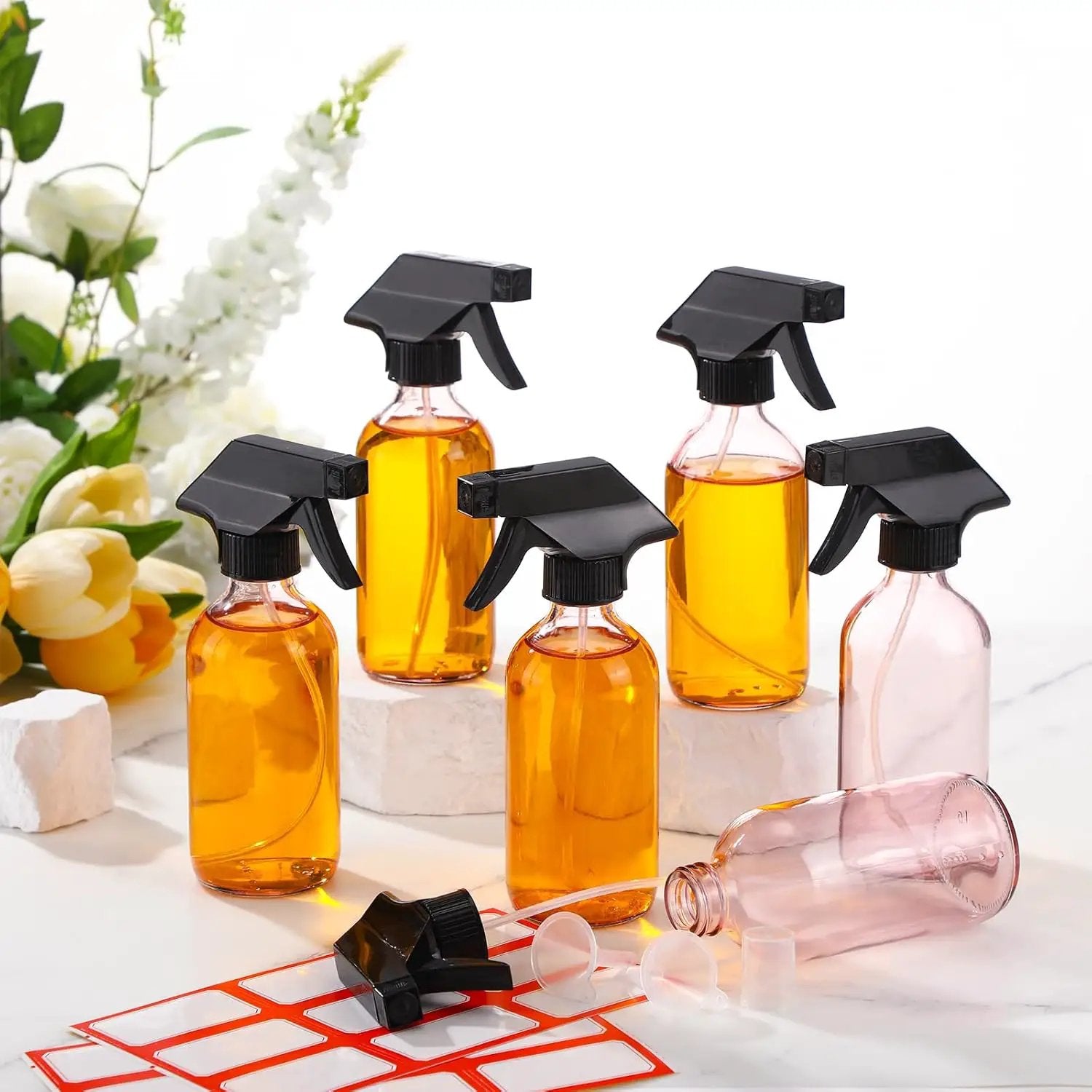 Norme 12 Pcs 8 oz Glass Spray Bottles with Funnels and Labels Refillable Cosmetic Empty Spray Bottles with Sprayer Containers for Essential Oil Cleaning Solutions(Pink,Classic) by GreenHaven Gardens