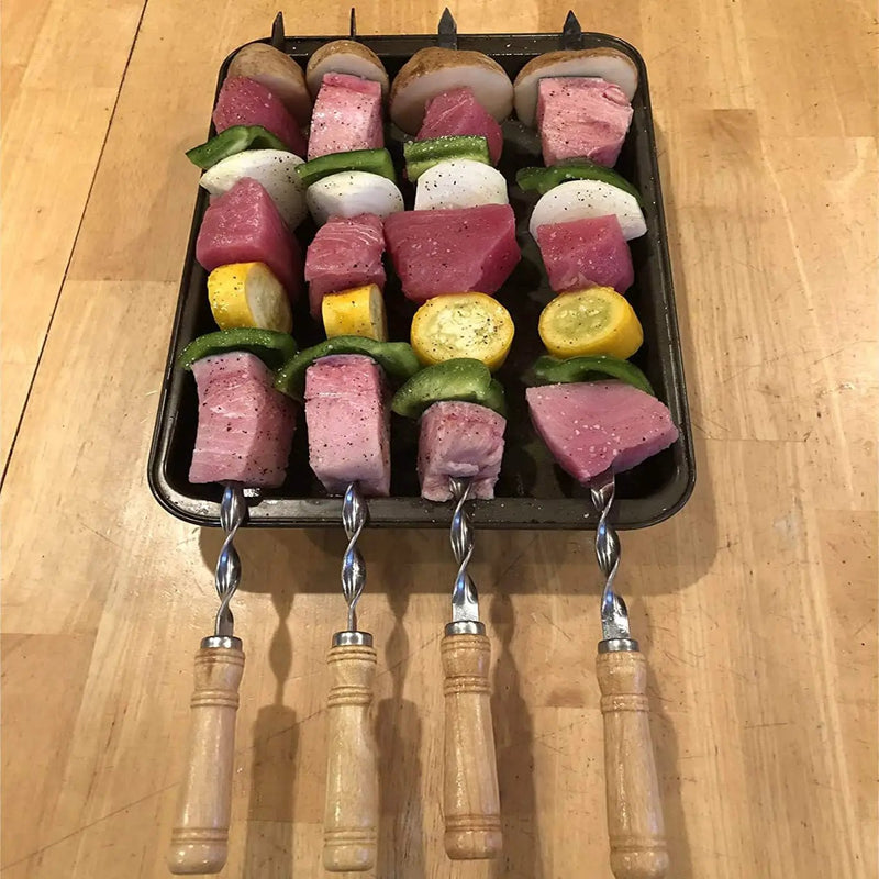 Antallcky 12 Pack Kebab Skewers 22 Inch BBQ Barbecue Skewers Stainless Steel Sticks Heavy Duty Large Wide Reusable with Nonslip Wooden Handle Ideal for Shish Kabob Chicken Shrimp and Vegetables by GreenHaven Gardens