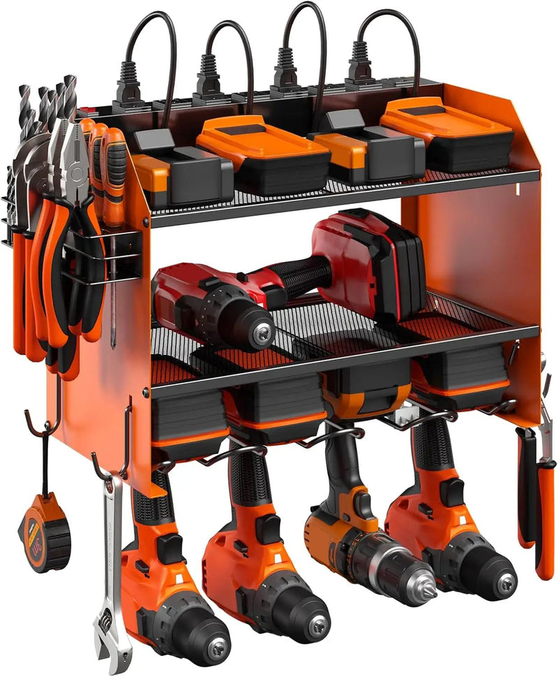CCCEI Modular Power Tool Organizer Wall Mount with Charging Station. Garage 4 Drill Storage Shelf with Hooks, Drill Bit Heavy Duty Rack, Orange Tool Battery Holder Built in 8 Outlet Power Strip. by GreenHaven Gardens