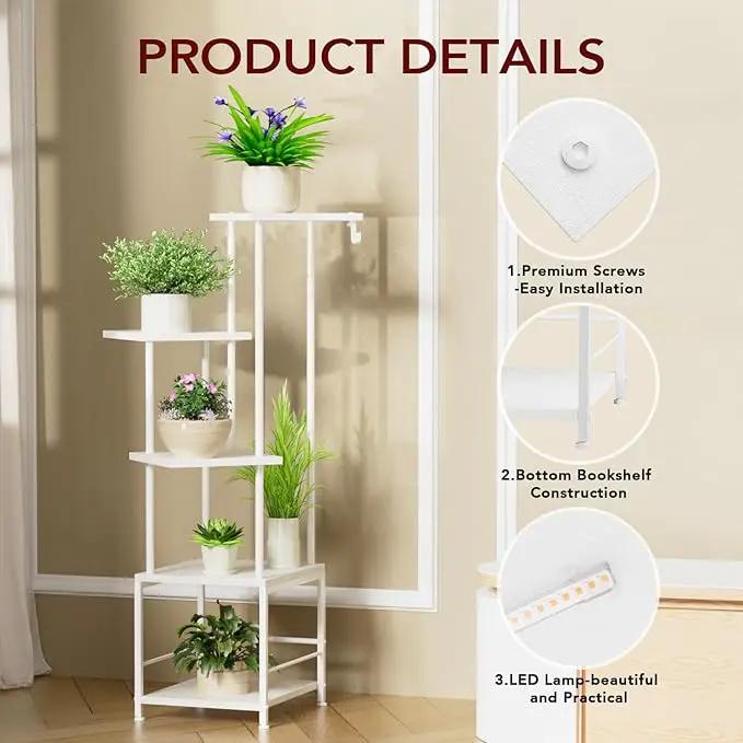 Plant Stand Indoor with Grow Light, 5-Tiered Tall Plant Stand Indoor, Metal Plant Shelf with Hanging Basket Hook and Adjustable Light, Ideal for Living Room, Garden, Patio white by GreenHaven Gardens