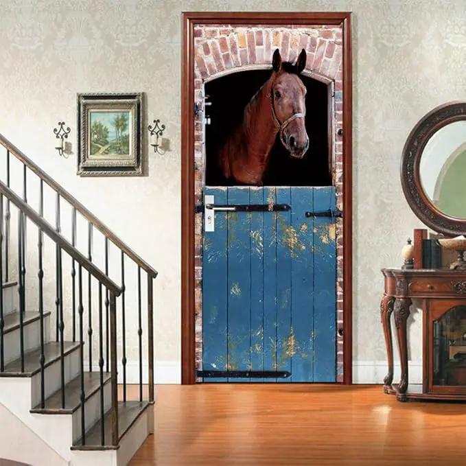 Horse 3D Door Stickers Murals - Peel & Stick - Waterproof & Washable - Matt Finish - Rustic Style - Blue Horse Print - 30.3" x 78.7" (2 Parts) - Door & Wall by GreenHaven Gardens