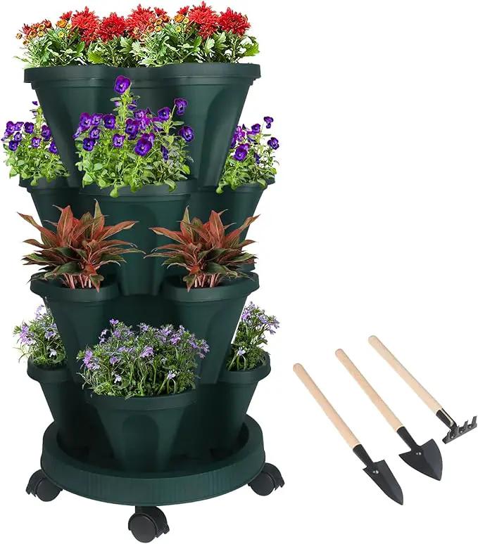 Vertical Planter 4 Tier Stackable Planters Garden Planters Strawberry Herb Flower and Vegetable Planter Indoor Outdoor Gardening Pots with Removable Wheels and Tools by GreenHaven Gardens