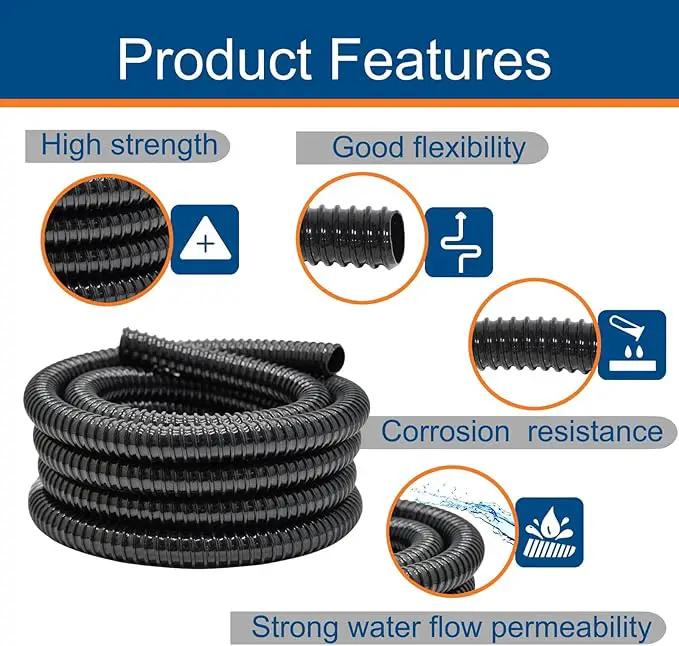 0.75 Inch Pond Tubing, 3/4" ID Corrugated Water Pipe, 20 Feet Length Flexible PVC Hose Pipe with Pipe Fittings, Aquarium, Pond Waterfall, Garden Pond Pump Drainage Tube Black by GreenHaven Gardens