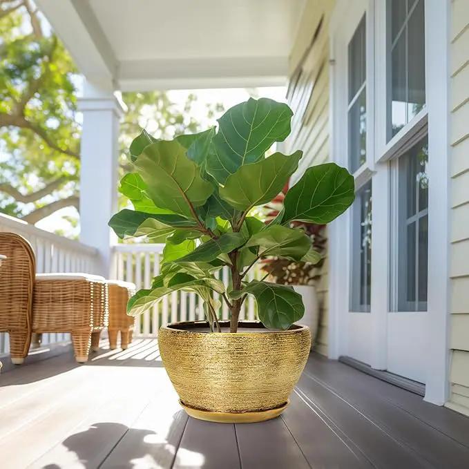 Ceramic Planter 13 Inch - Indoor Plant Pot with Drainage Hole and Saucer Large Ceramic Pot for Plants Mid-Century Decorative Modern Outdoor Flower Pot for Home Decor Gold by GreenHaven Gardens
