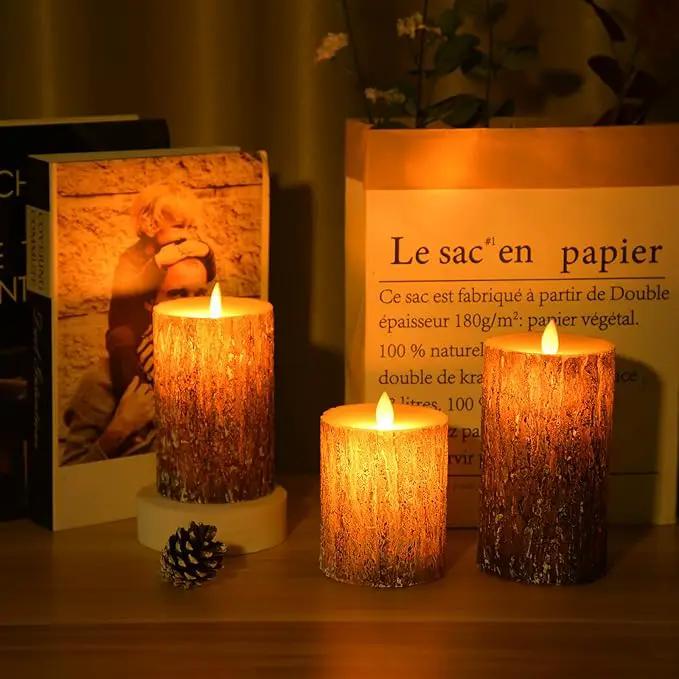JOSU LED Flameless Candles Pine Bark Effect, Battery Operated Candles with Remote Control, LED Fake Candles, 4" 5" 6" Pack of 3, for Wedding Decor, Table Decor, Home Decoration Gifts (Pine Bark)