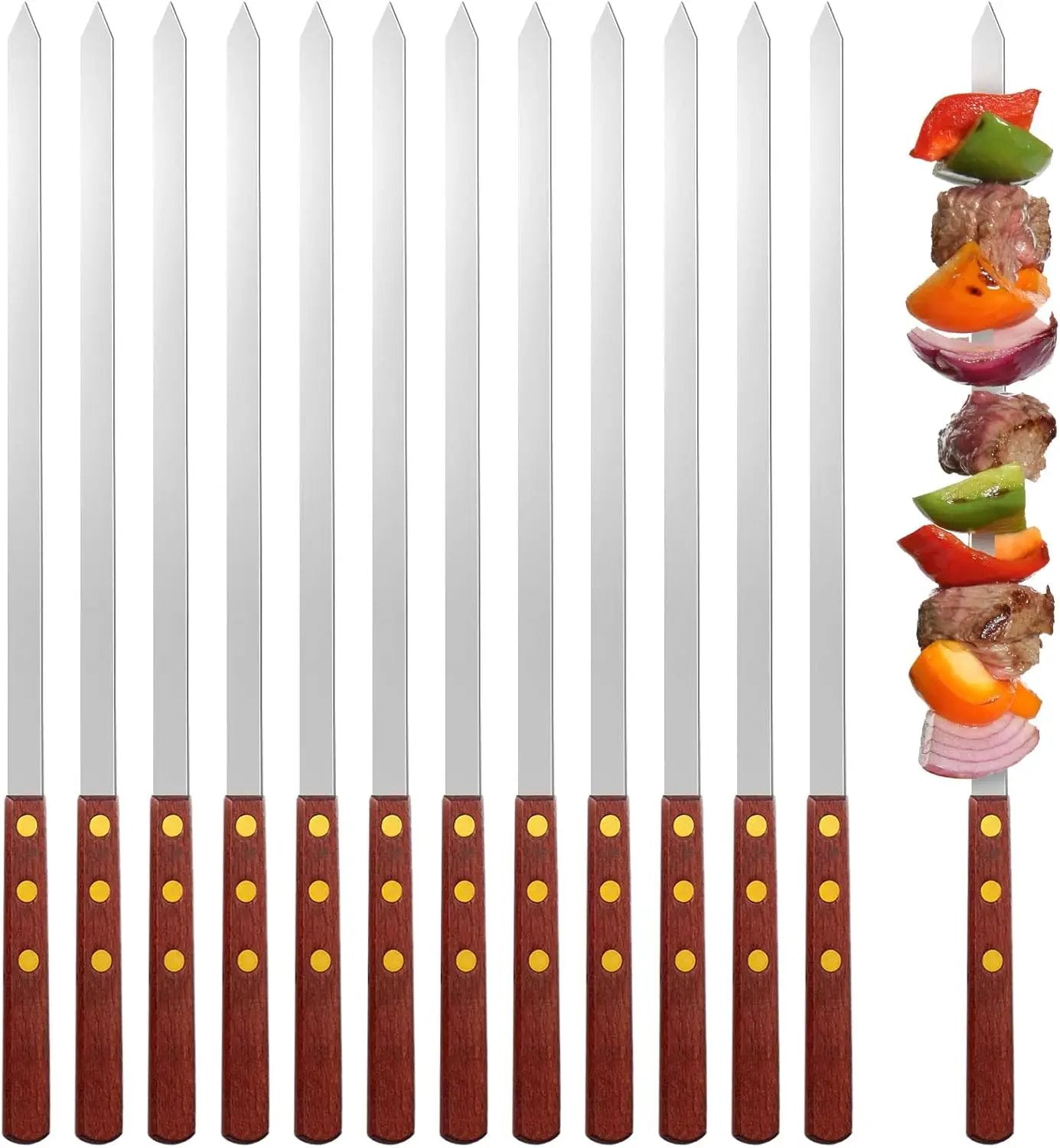 Cunhill 12 Pcs 17.7 Inch Kabob Skewers for Grilling 0.4 Inch Wide Flat Blade Thin Stainless Steel Kabob Sticks Long Barbecue Reusable Metal BBQ Skewers with Wood Handles for Tailgate Party Outdoor by GreenHaven Gardens