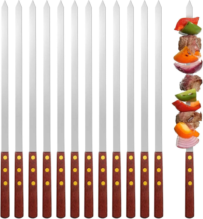 Cunhill 12 Pcs 17.7 Inch Kabob Skewers for Grilling 0.4 Inch Wide Flat Blade Thin Stainless Steel Kabob Sticks Long Barbecue Reusable Metal BBQ Skewers with Wood Handles for Tailgate Party Outdoor by GreenHaven Gardens