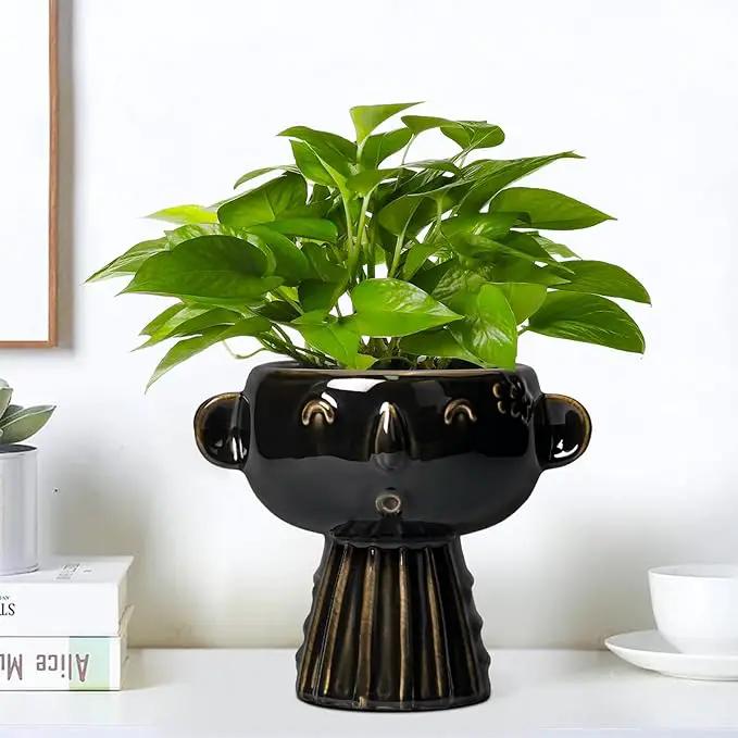 Head Planter 7 Inch - Ceramic Face Planters with Drainage Hole, Funny Succulent Pots for Indoor Outdoor, Cute Decorative Plant Pot, Desk Office Room Home Decor, Black by GreenHaven Gardens