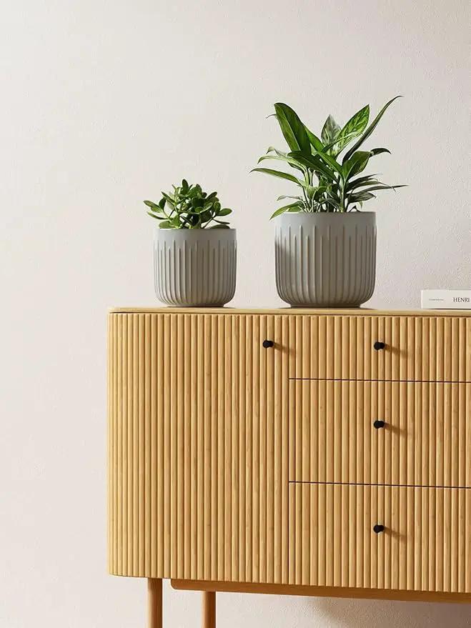 LE TAUCI Fluted Ceramic Planters Set of 3 – 8.3/7 / 5.7 in Blue Gray Reactive Cylinder Indoor Plant Pots with Drainage Plug & Mesh, Glossy Stoneware Flower Pots for Succulents Herbs by GreenHaven Gardens