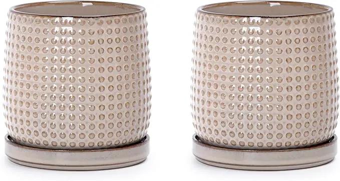 D'vine Dev Set of 2 Ceramic Plants Pots, 4 Inch Beaded Stoneware Flower Pot for Plants with Drainage Hole and Saucer, Light Brown, 27-E-Z-4 by GreenHaven Gardens