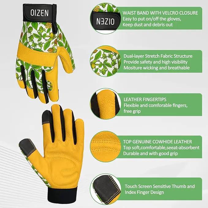 Cowhide Leather Thorn Proof & Puncture Resistant Gardening Gloves for Women, Touchscreen Compatible Working Gloves for Weeding, Digging, Planting, Gardening Gifts for Women (Green bellflowers, Medium) by GreenHaven Gardens