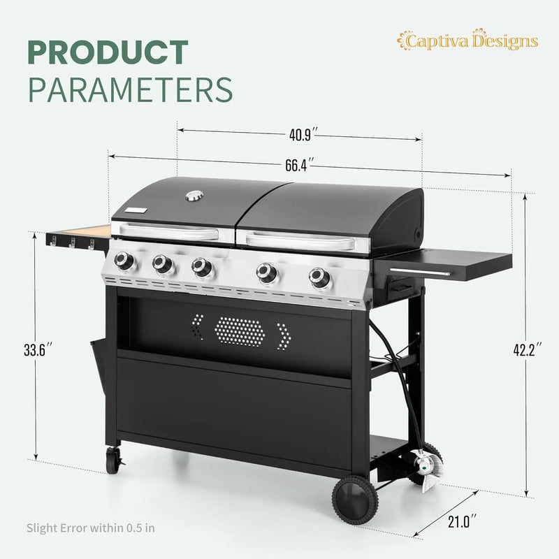 Captiva Designs Propane Gas Griddle Grill Combo with Porcelain-Enameled Cast Iron Grate & Cast Iron Pan, Dual BBQ Grill With Flat Top Griddle for Outdoor Kitchen & Backyard Barbecue,696 SQIN Cook Area by GreenHaven Gardens