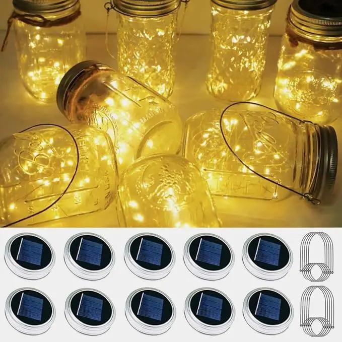 Solar Mason Jar Lid Lights, 10 Pack 30 LED Waterproof Firefly Fairy Lights with Hangers(No Jars), Outdoor Starry String Lights for Patio Yard Garden Wedding Lantern Decor (Warm White) by GreenHaven Gardens